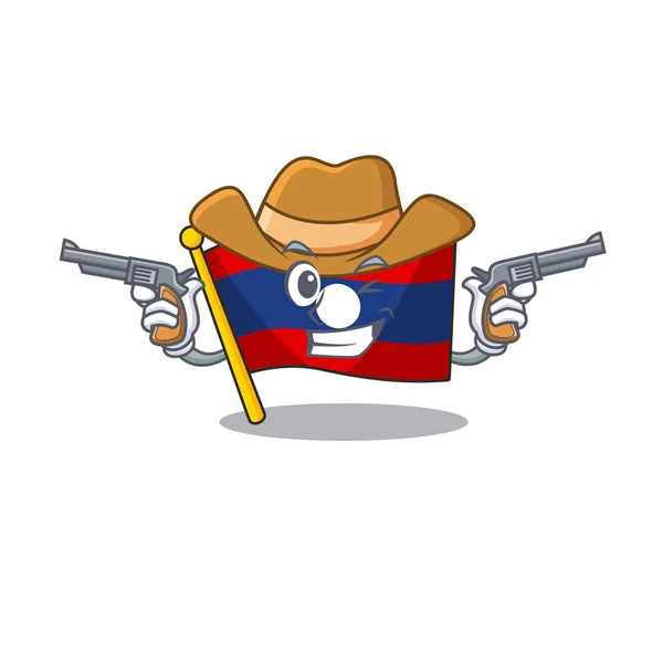 Bandeira laos Scroll mascote realizada como um Cowboy com armas —  Vetores de Stock