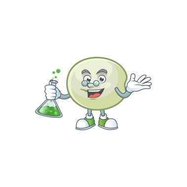 Smart Professor green hoppang cartoon character with glass tube