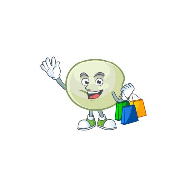A happy rich green hoppang waving and holding Shopping bag