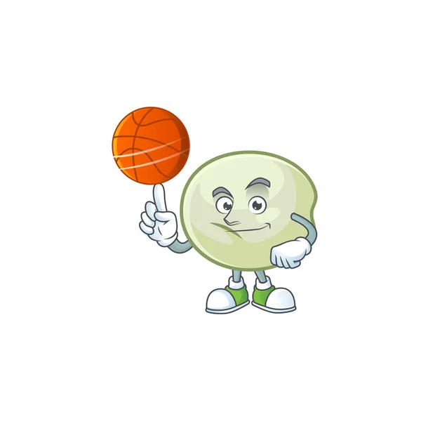 En hälsosam grön hoppang tecknad karaktär spelar basket — Stock vektor