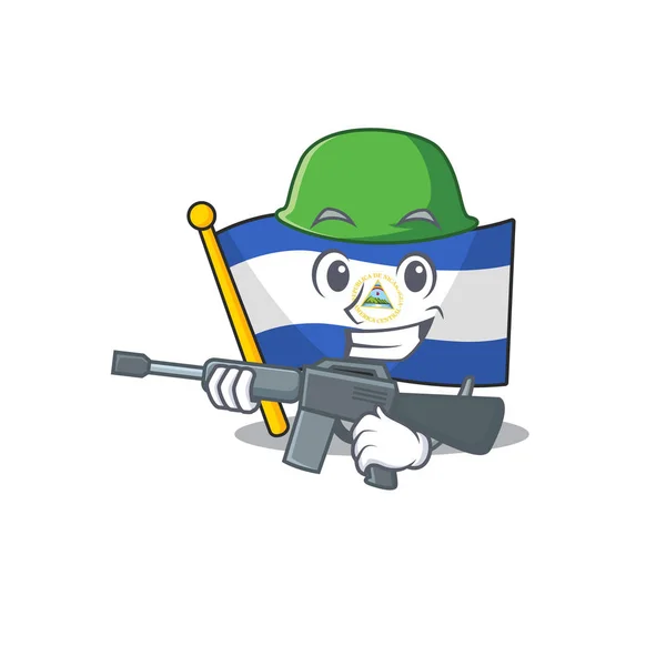 Une mascotte de drapeau nicaragua Scroll Army avec mitrailleuse — Image vectorielle