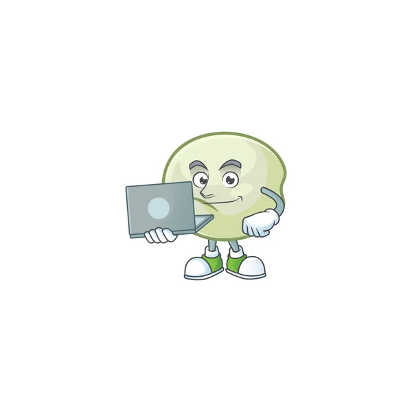 Un intelligente personaggio mascotte hoppang verde che lavora con il computer portatile — Vettoriale Stock