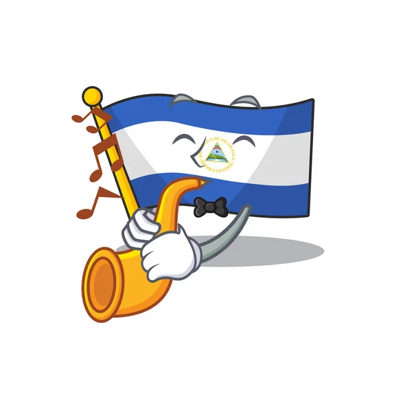 Bandiera nicaragua Scorrere personaggio dei cartoni animati prestazioni di progettazione con tromba — Vettoriale Stock