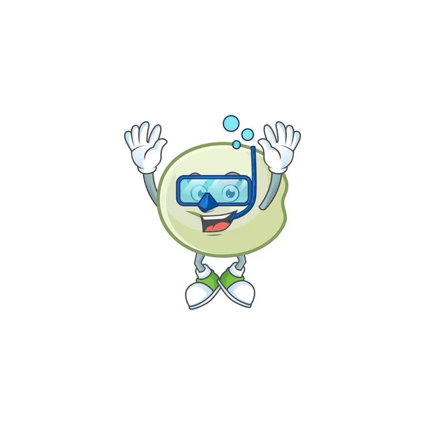 Personagem de desenho animado de hoppang verde usando óculos de mergulho — Vetor de Stock