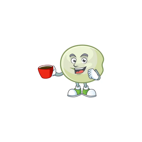 Personaje de dibujos animados de hoppang verde con una taza de café — Vector de stock