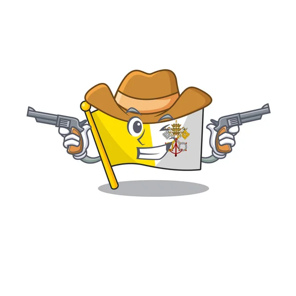 Σημαία Βατικανό πόλη Μετακινηθείτε μασκότ εκτελείται ως Cowboy με όπλα — Διανυσματικό Αρχείο