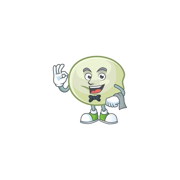Friendly green hoppang Caracter stand as a Waiter character — Vector de stock