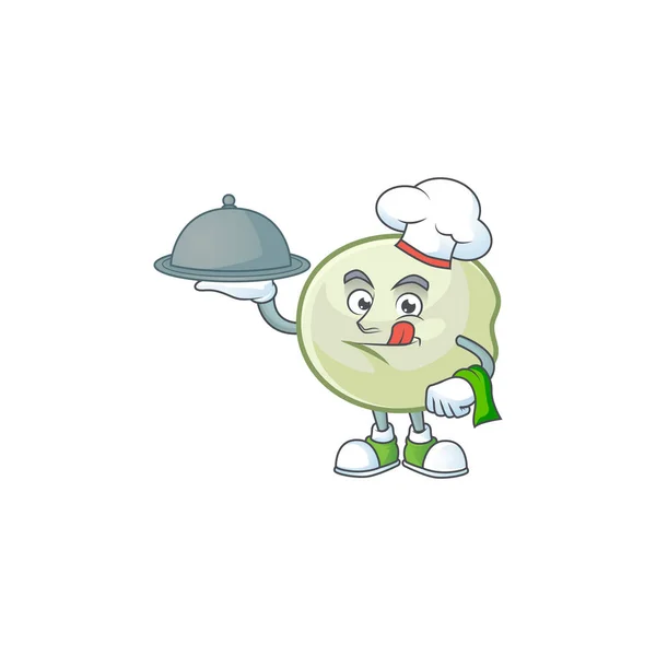 Diseño de dibujos animados de hoppang verde como chef que tiene comida en bandeja — Vector de stock