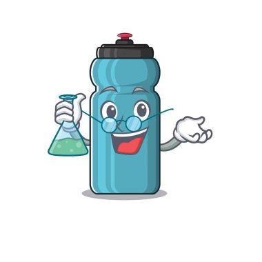 Komik ve zeki Profesör su şişesi. Elinde cam tüp tutan maskot.