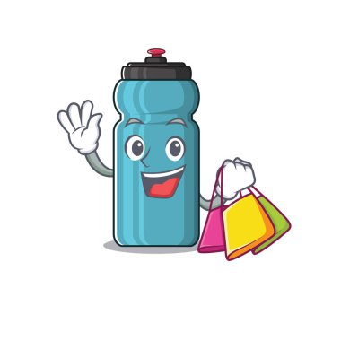 Mutlu yüz suyu şişesi. Maskot stili el sallama ve alışveriş çantası tutma.