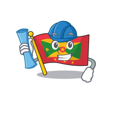 Neşeli mimar bayrak el bombası mavi iz ve mavi başlıklı parşömen.