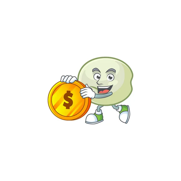 Bogaty zielony hoppang maskotka kreskówka styl ze złotą monetą — Wektor stockowy