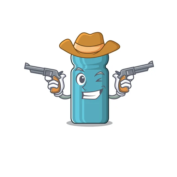 Μπουκαλάκι νερού Μετακινηθείτε μασκότ εκτελείται ως Cowboy με όπλα — Διανυσματικό Αρχείο