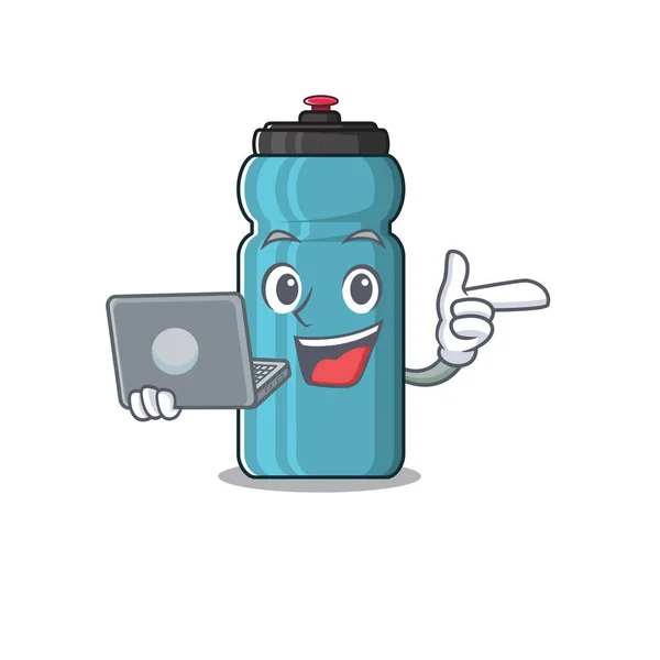 Cute and smart water bottle Scroll working with laptop — 스톡 벡터