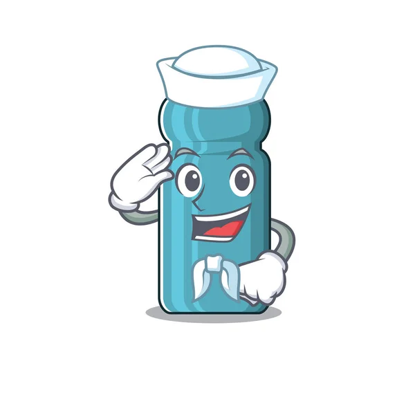 Ένα εικονίδιο του νερού μπουκάλι Κύλιση χαρακτήρα κινουμένων σχεδίων Σέιλορ φορώντας καπέλο — Διανυσματικό Αρχείο