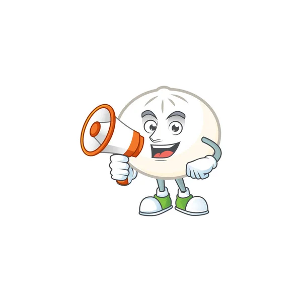 Cool personaje de dibujos animados de hoppang blanco sosteniendo un megáfono — Vector de stock
