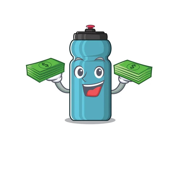 Very happy water bottle Scroll character with money on hands — Stock Vector