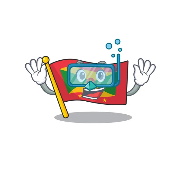 Mascota de dibujos animados con granada bandera Desplazamiento con gafas de buceo — Vector de stock