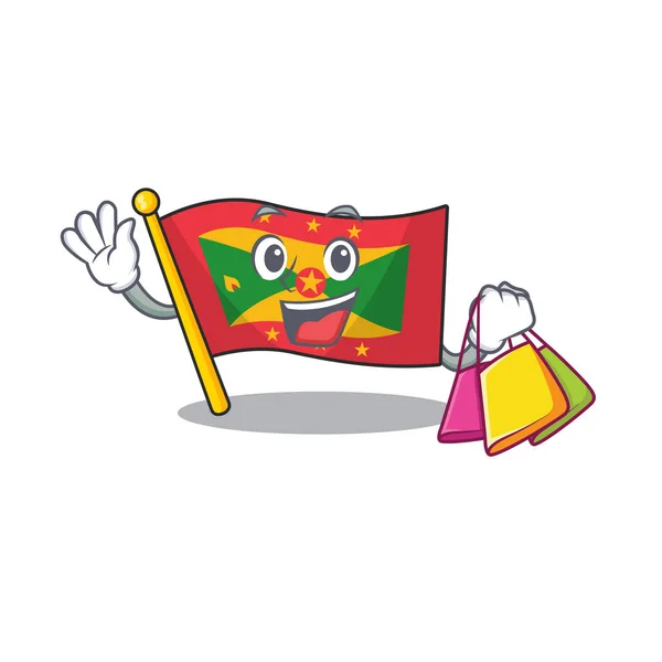 Happy face flag grenada Scroll mascote estilo acenando e segurando saco de compras — Vetor de Stock
