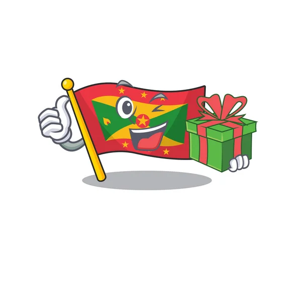 Heureux visage drapeau grenade personnage Scroll avec boîte cadeau — Image vectorielle