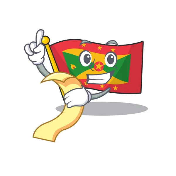 Bandeira grenada Scroll personagem de desenho animado segurando menu pronto para servir —  Vetores de Stock