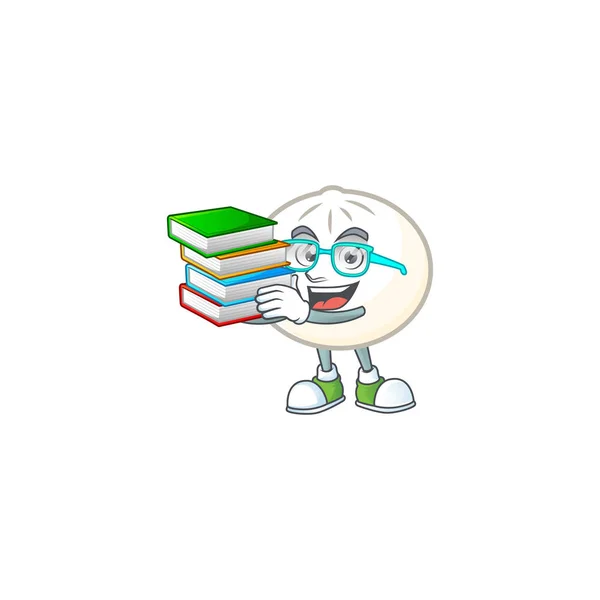 Estudiante fresco e inteligente blanco hoppang mascota de dibujos animados con libro — Vector de stock