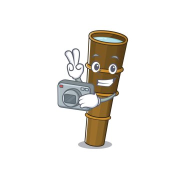 Profesyonel bir fotoğrafçı teleskobu. Kameralı bir maskot stili.