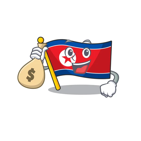 Smiley vlag Noord-Korea Scroll stripfiguur met geldzak — Stockvector