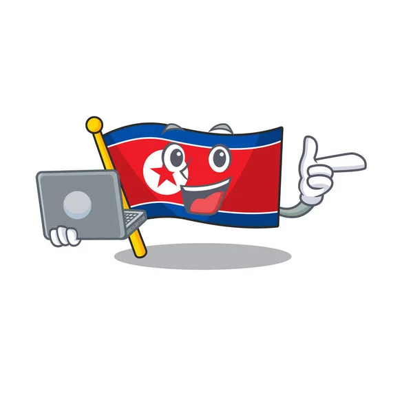 Leuke en slimme vlag Noord-Korea Scroll werken met laptop — Stockvector