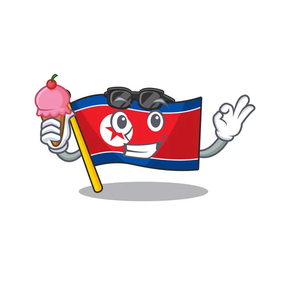Feliz dibujo animado de bandera Corea del Norte Desplazarse con helado — Archivo Imágenes Vectoriales