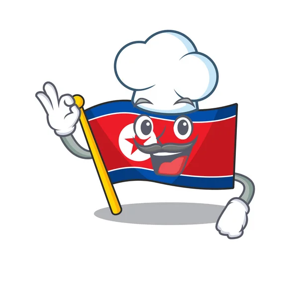 Funny Chef bandera Corea del Norte Desplazarse personaje de dibujos animados con sombrero blanco — Vector de stock