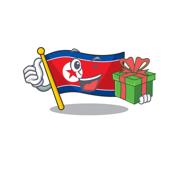 Счастливый флаг Северной Кореи Свиток персонаж с подарочной коробкой — стоковый вектор