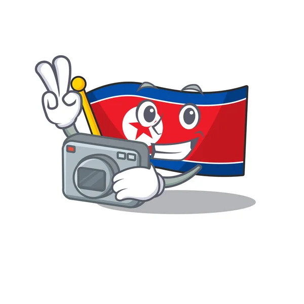 Un fotógrafo profesional bandera Corea del Norte Estilo de la mascota del pergamino con una cámara — Archivo Imágenes Vectoriales