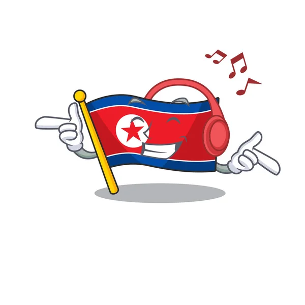 Ouvindo bandeira da música norte corea Scroll mascote desenho de personagens de desenhos animados — Vetor de Stock