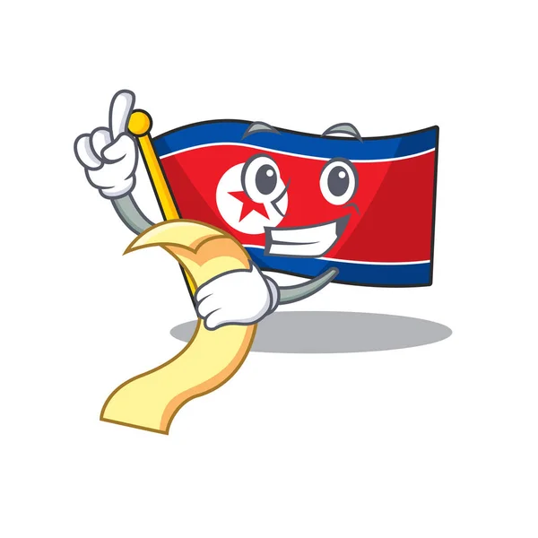 Flag north korea Scroll cartoon character holding menu ready to serve — 图库矢量图片