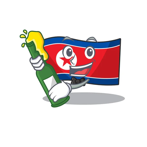 Flagga Nordkorea Bläddra med flaska öl maskot tecknad stil — Stock vektor
