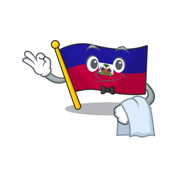 Leuke vlag Haïti Scroll karakter staan als een ober look — Stockvector
