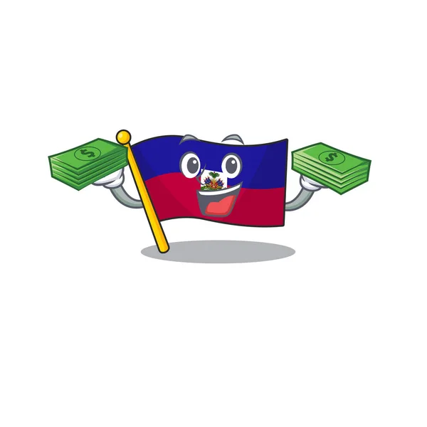 Bandera muy feliz haiti Carácter del pergamino con dinero en las manos — Vector de stock