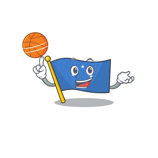 Eine Ikone der Flagge Mikronesien Schriftrolle Cartoon-Figur spielt Basketball — Stockvektor