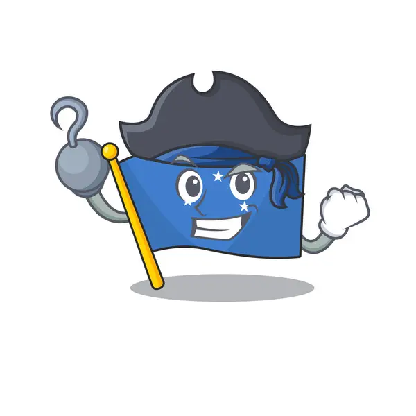 Una mano Bandiera pirata micronesia Scorrere stile cartone animato con cappello — Vettoriale Stock