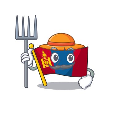 Happy Farmer flag mongolia Scroll cartoon character with hat and tools