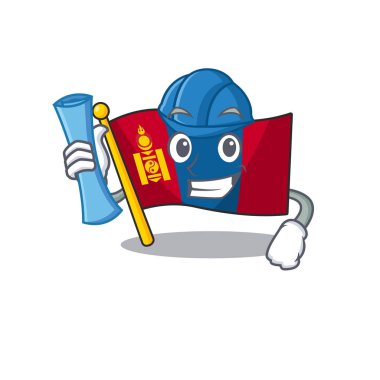 Cheerful Architect flag mongolia Scroll with blue prints and blue helmet