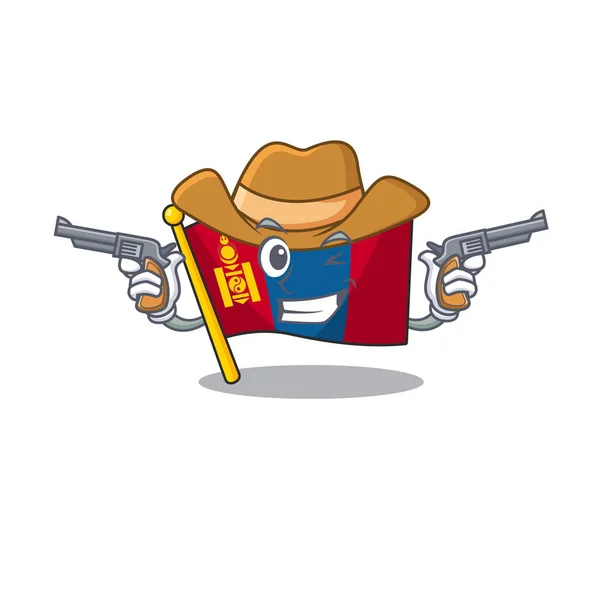 Bandeira mongolia Scroll mascote realizada como um Cowboy com armas —  Vetores de Stock