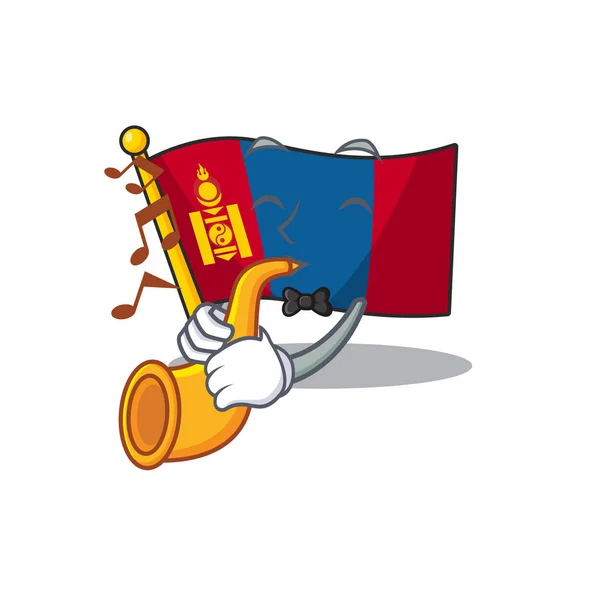 Bandera mongolia Desplazamiento de dibujos animados rendimiento de diseño de personajes con trompeta — Archivo Imágenes Vectoriales