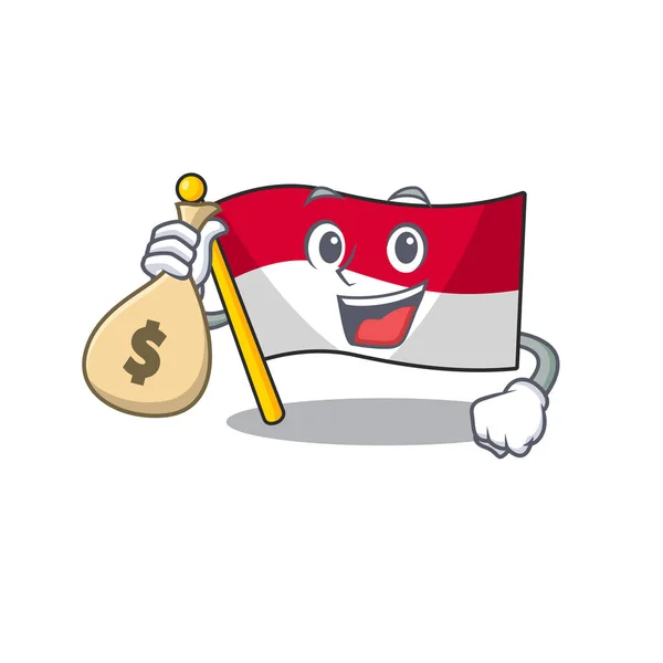 Smiley flag monaco Scroll cartoon character with money bag — 스톡 벡터