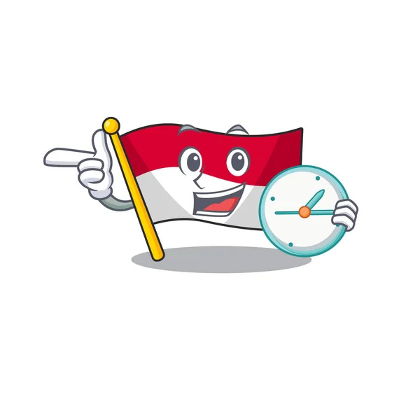 Usmívající se vlajka monako Scroll kreslený postava styl s hodinami — Stockový vektor