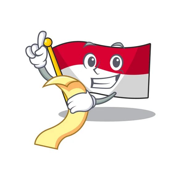 Vlag Monaco Scroll tekenfilm karakter holding menu klaar om te serveren — Stockvector