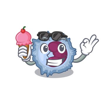 Monosit hücre maskotu karikatür dizaynı ve dondurma.