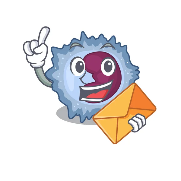 Design de mascote de células de monócitos alegremente com envelope —  Vetores de Stock