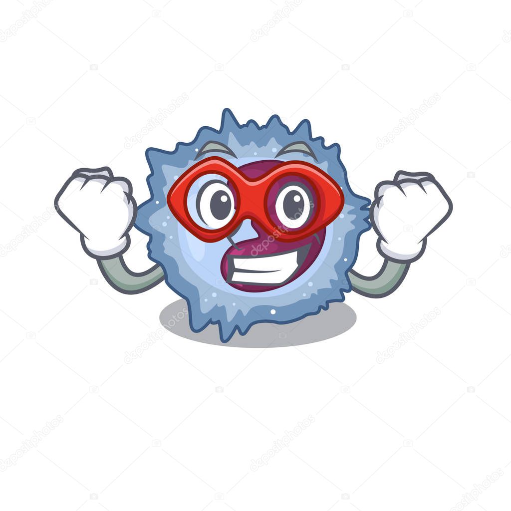 Smiley mascot of monocyte cell dressed as a Super hero
